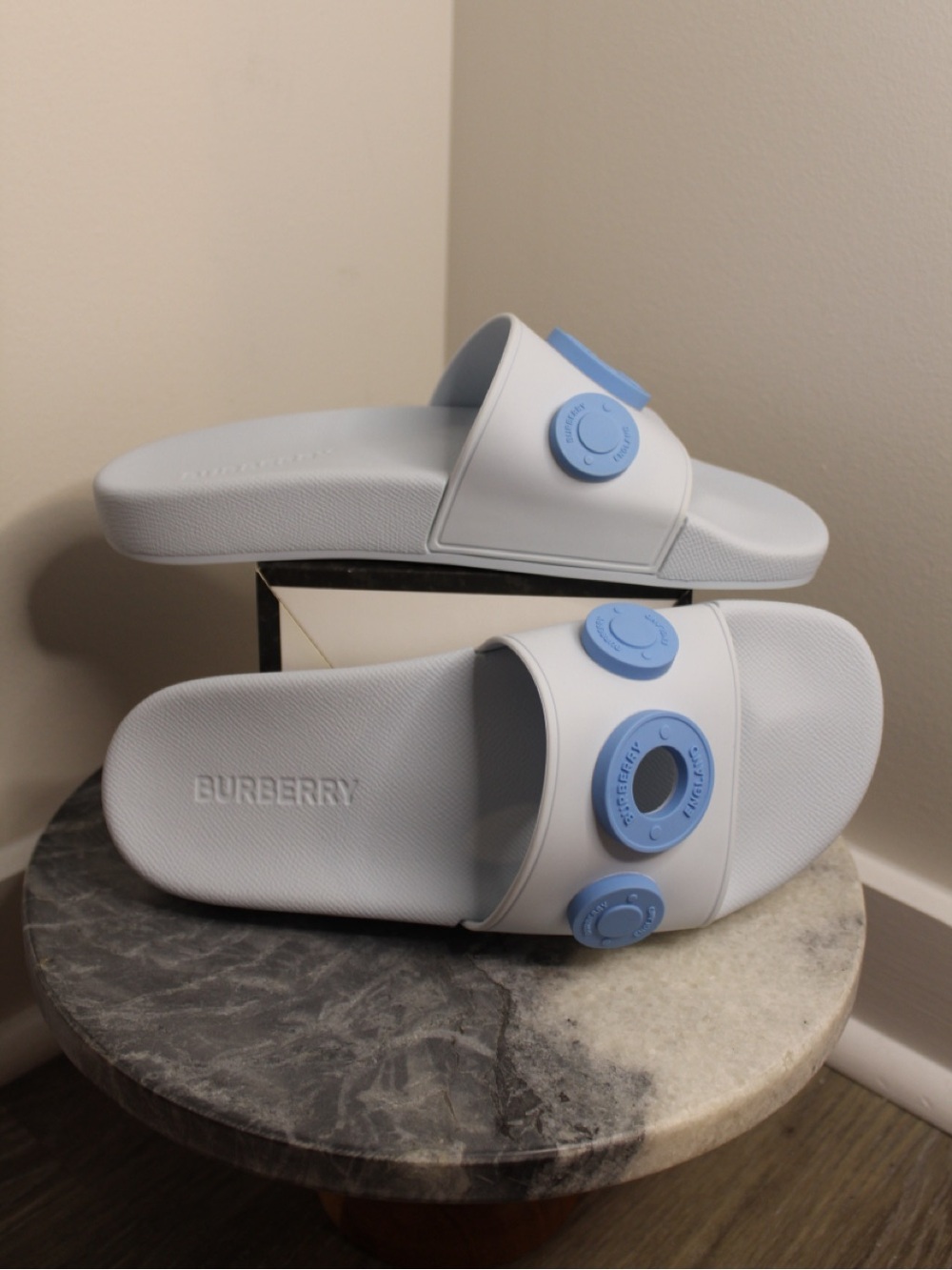 Burberry Eyelet Rubber Slide, Blue and White - Picture 2 of 8